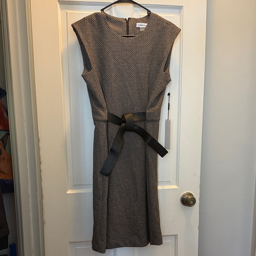 Calvin Klein Brown Herringbone Midi Dress with Black Waist Tie